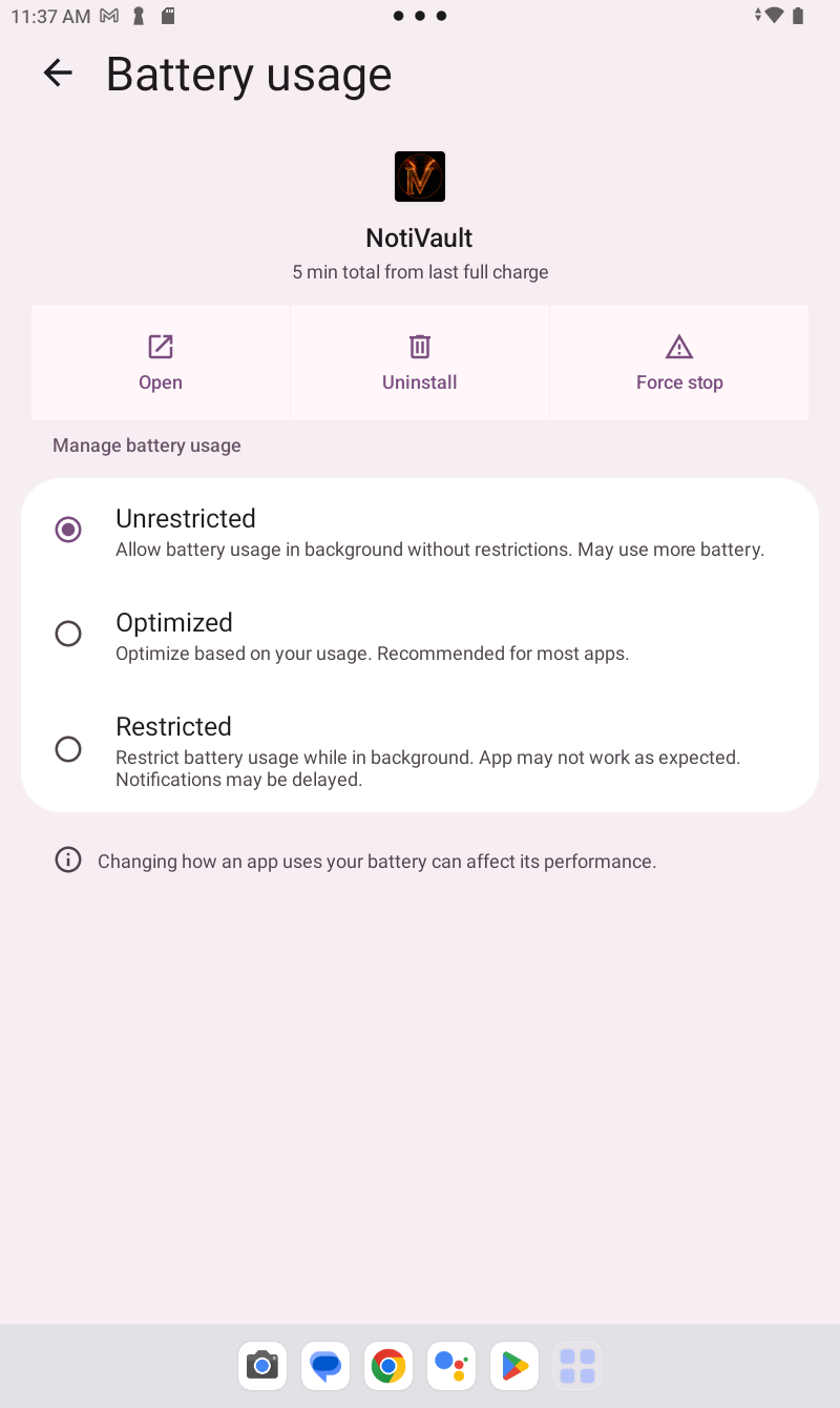 NotiVault battery usage set to Unrestricted
