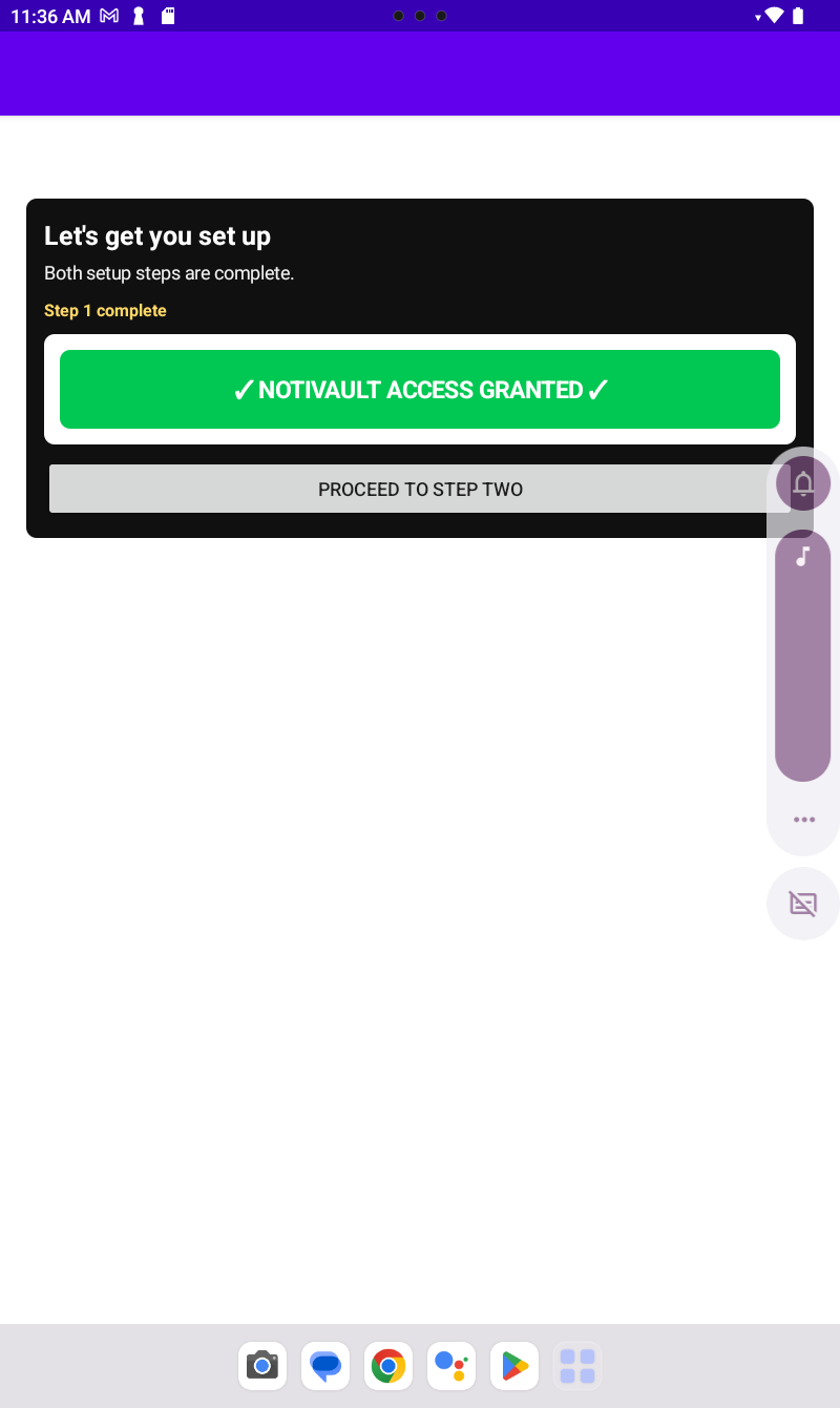 NotiVault Step 1 complete with proceed button