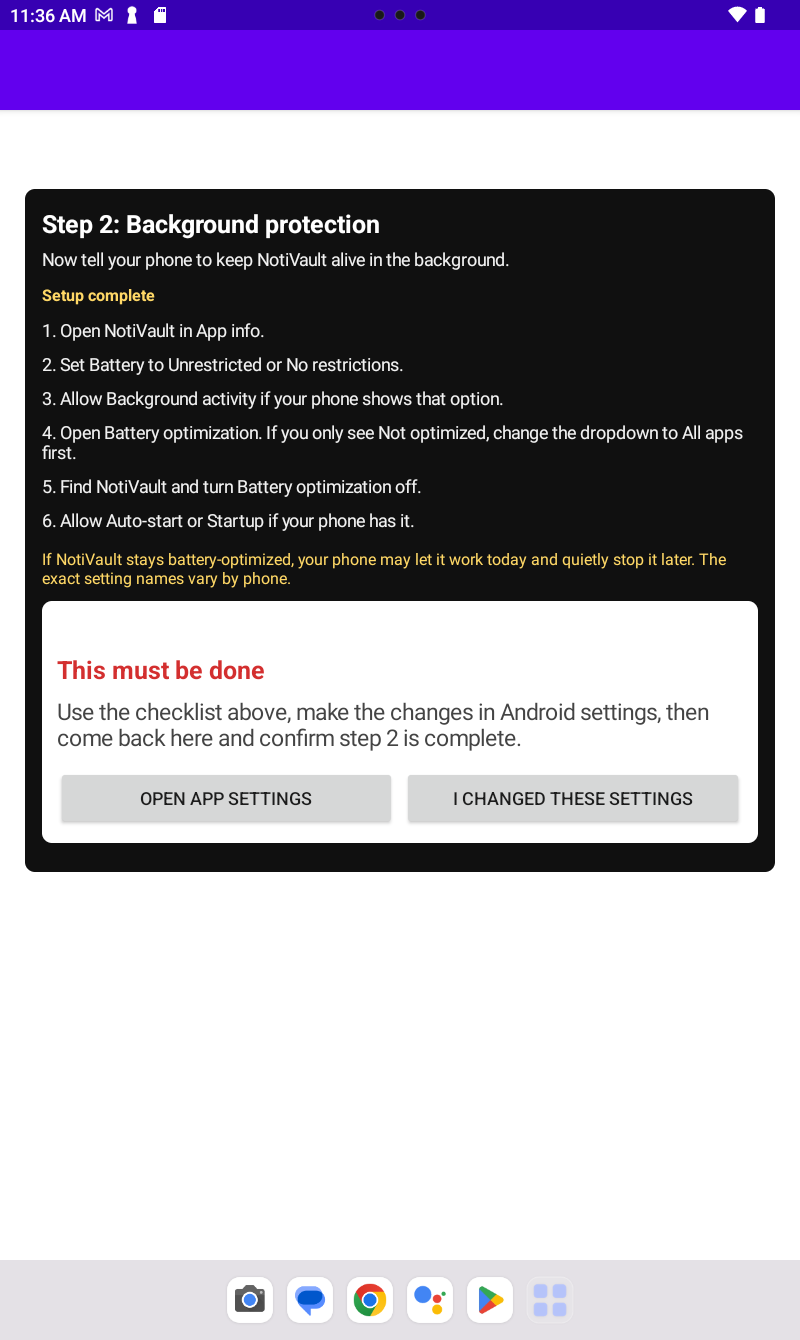 NotiVault Step 2 background protection checklist