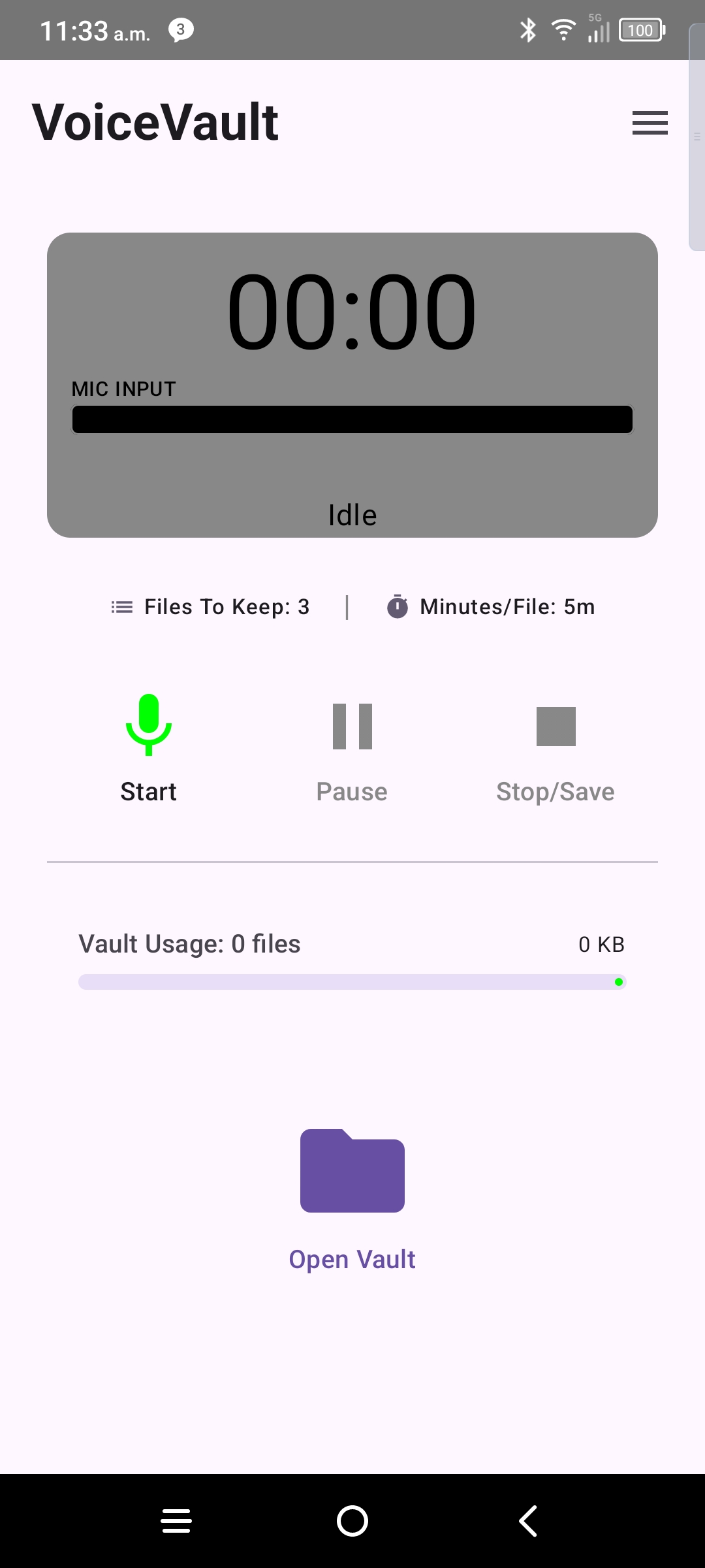 VoiceVault home screen ready to record