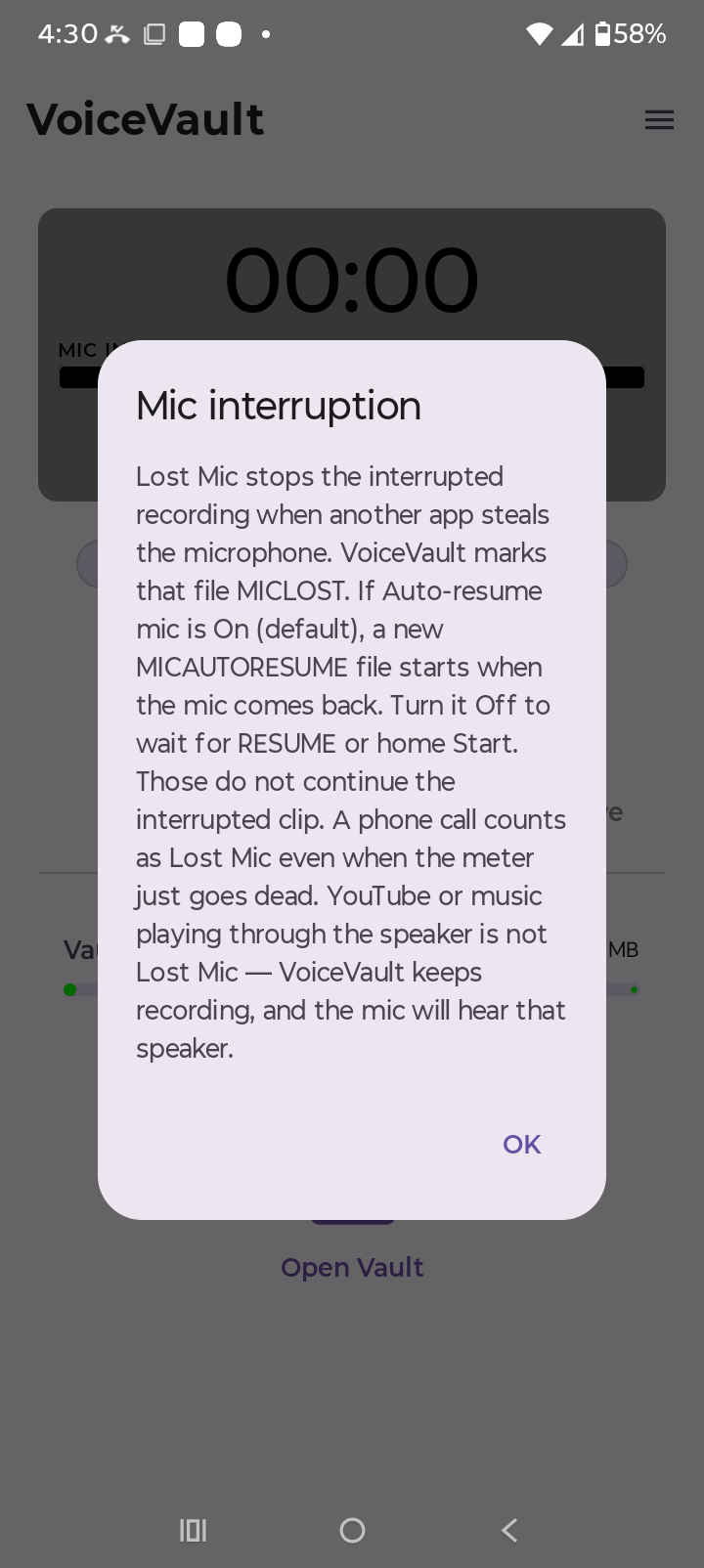 VoiceVault mic interruption explanation dialog